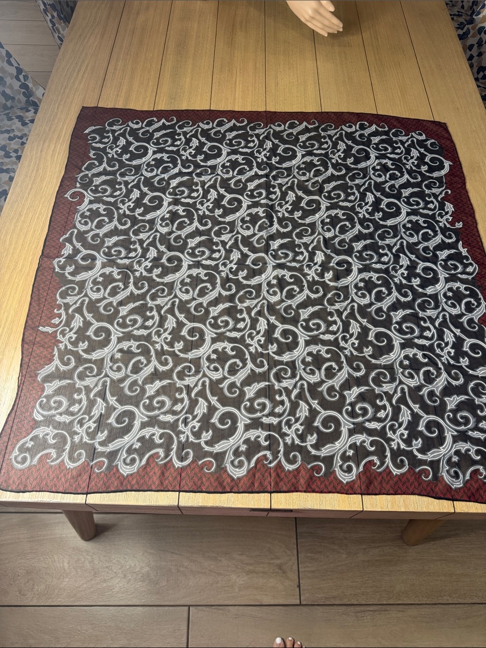 100% Silk Oversized Wrap Shawl 38” x 76” Black Gray Burgundy Scroll Print